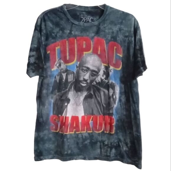 2Pac Tupac Shakur Short Sleeve Tee Shirt Dark Gray White Mottled Tie Dye Sz L - Picture 1 of 5